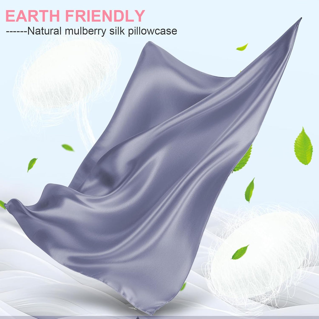 Skiennix Silk Pillowcases - 2 Pack Standard Size with Hidden Zipper | Mulberry Silk for Hair & Skin - Grayish Blue