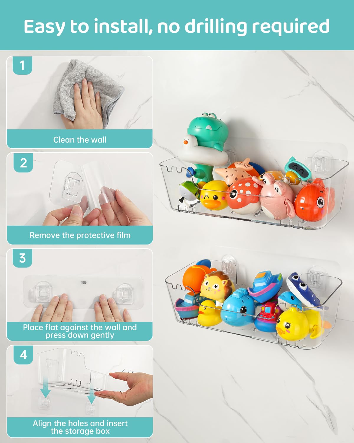 Bath Toy Storage Organizer 2 Pack, Transparent Bath Toy Holder with Drain Holes, Durable Plastic Bathtub Toy Storage for Bathroom, Quick-Dry Drainable Shower Caddy, Easy to Clean and Install