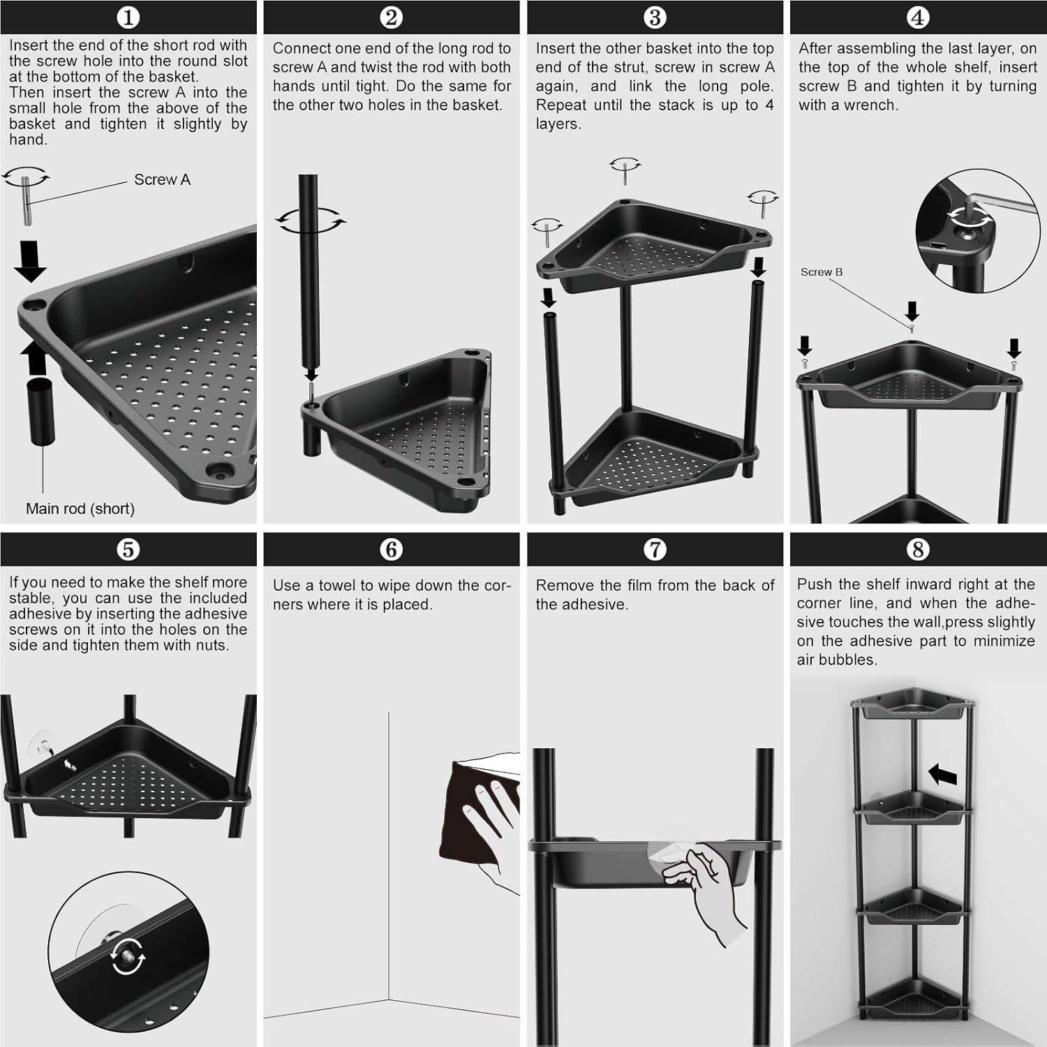 ODesign 4-Tier Corner Shower Caddy - Rustproof Plastic & Metal Organizer for Bathroom, Black