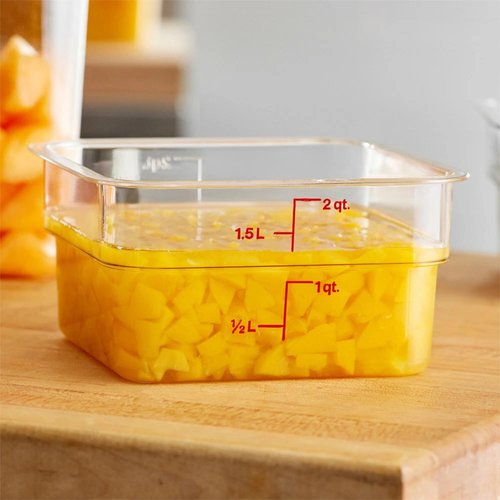 Lumintrail Cambro Polycarbonate Square 2 Quart Food Storage Container, 4 Pack Clear, with 4 Kelly Green Lids, Bundle with a Measuring Spoon Set
