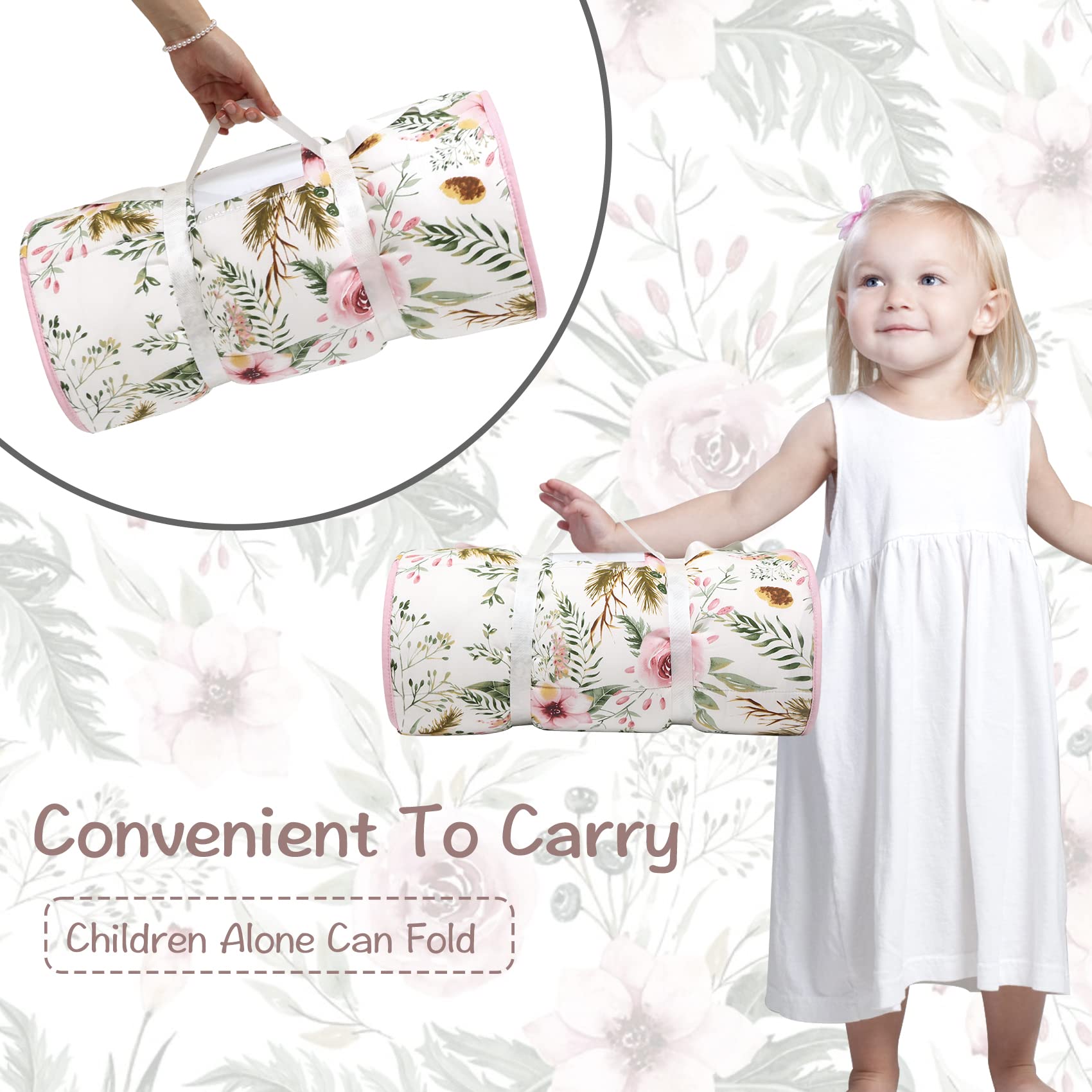 Nap Mats for Preschool,Toddler Nap Mat with Removable Blanket and Pillow, Extra Large Rolled Napping Mats,Toddler Sleeping Bag,Kids Sleeping Bag for Daycare,Nap Mats for Daycare (Flower)