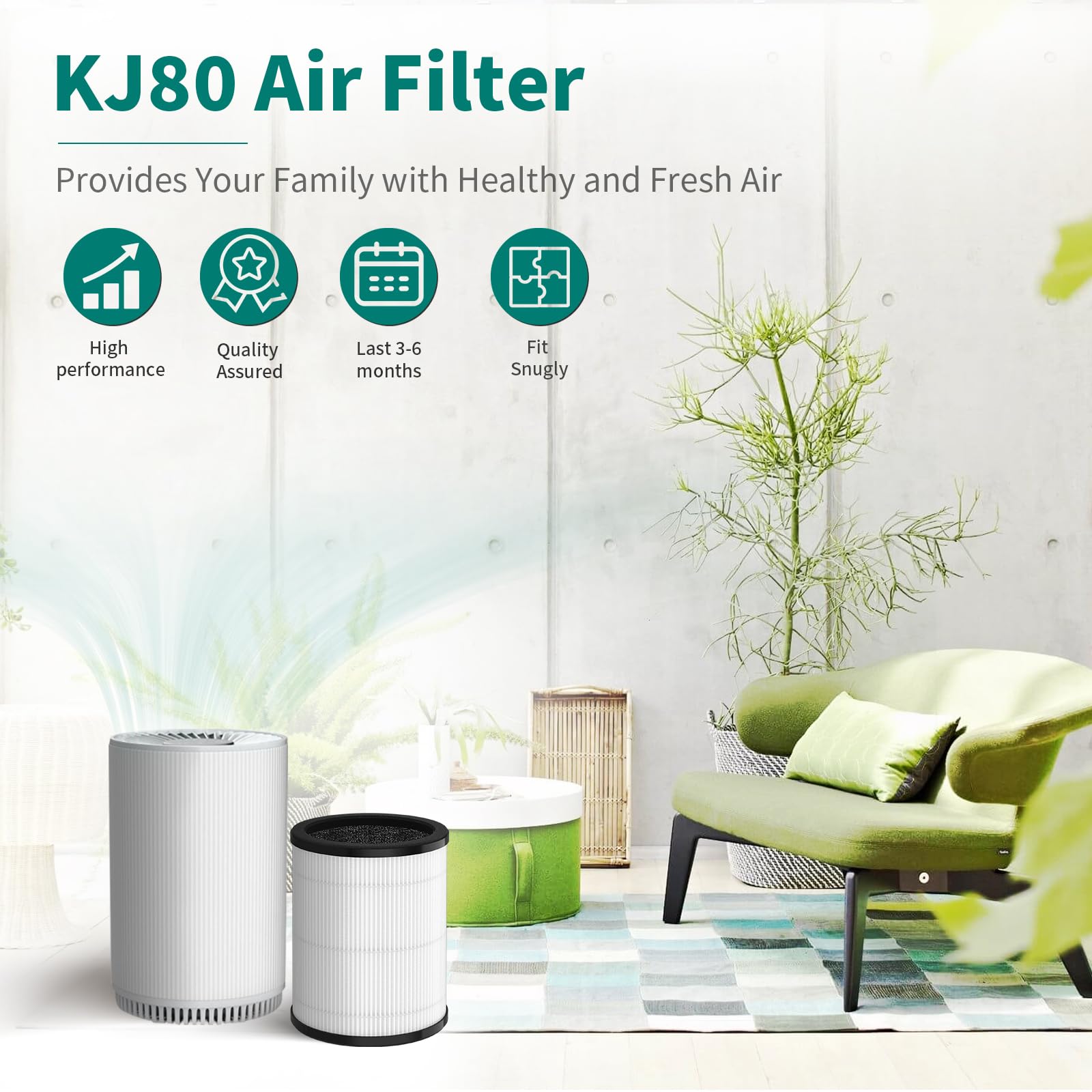 SAKEGDY KJ80 Replacement Filter with 3-IN-1 Filtration System - Compatible with Druiap KJ80 Air Clean Purifier | H13 True HEPA Filter - Part# AF3080 | 2 Pack (Not Compatible with Model-KJ150 Purifier)