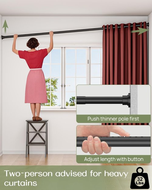 ALLZONE Tension Curtain Rod - Heavy Duty No-Drill Design | Adjustable 83-123 Inches, Black