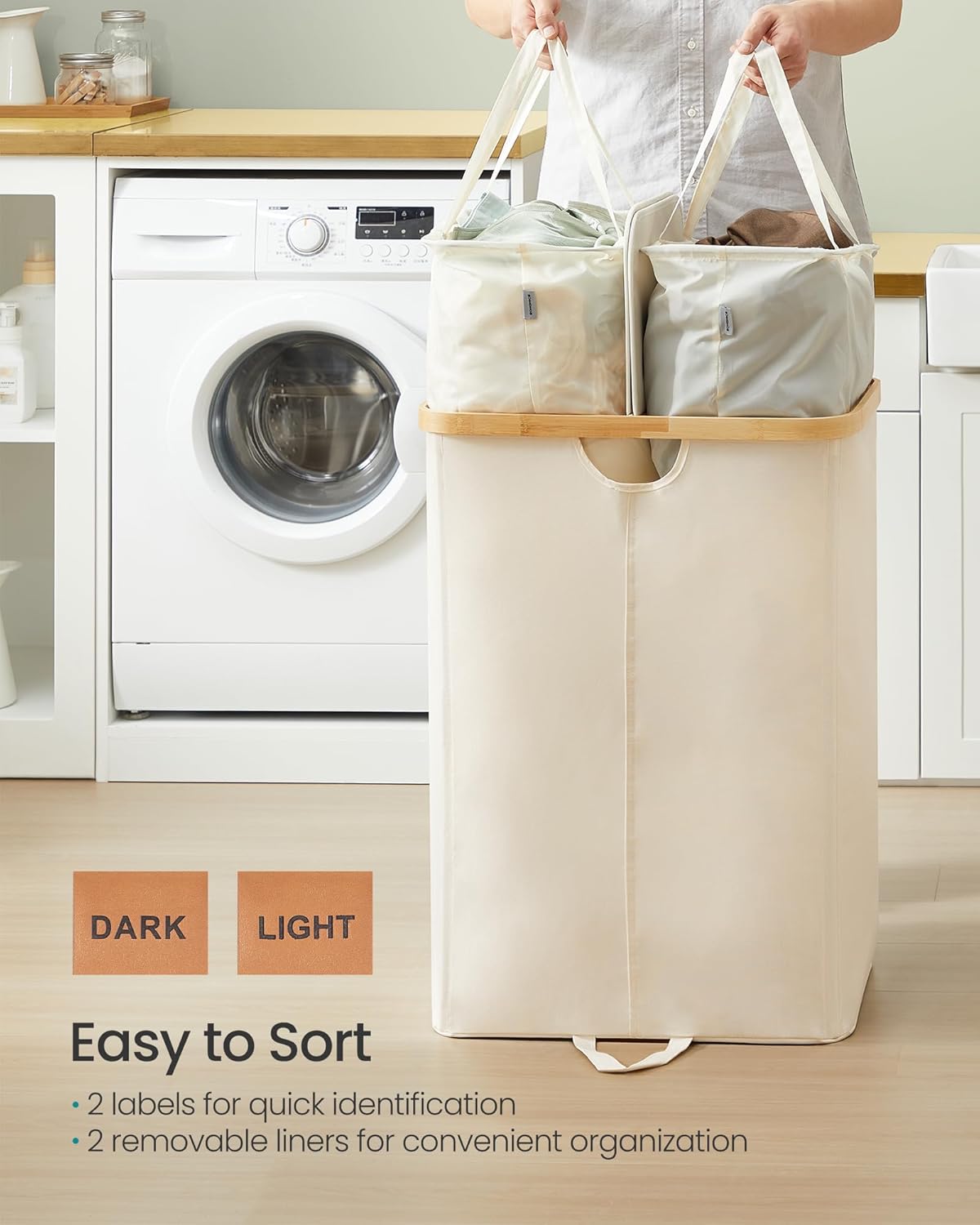 SONGMICS Laundry Hamper - 39 Gal. Dual Compartment Basket with Removable Liner Bag - Cream White & Light Bamboo