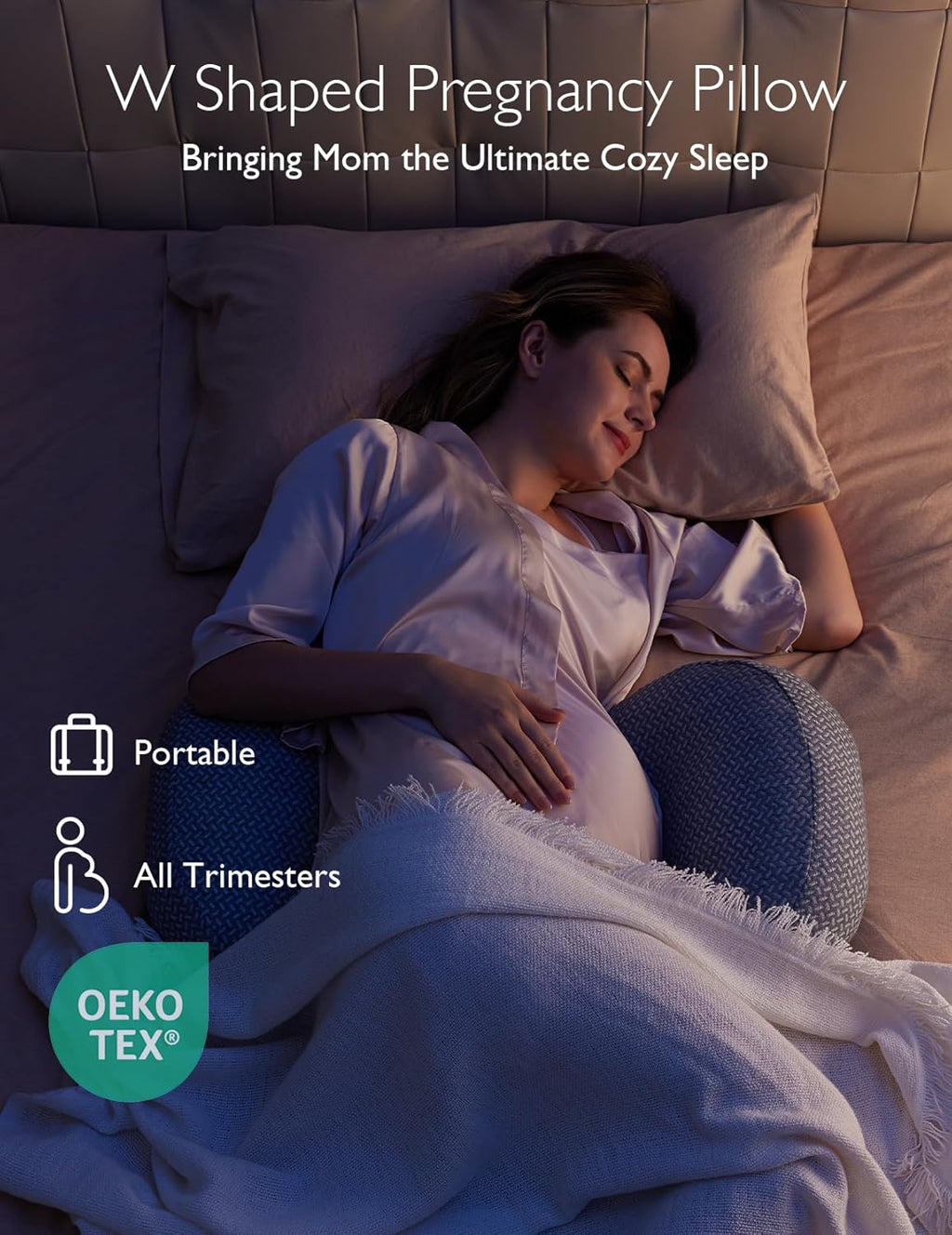 Momcozy Portable Pregnancy Pillow - W Shaped Maternity Support for Side Sleepers | Adjustable Travel Wedge for Back, Belly & Hip Relief - Deep Grey
