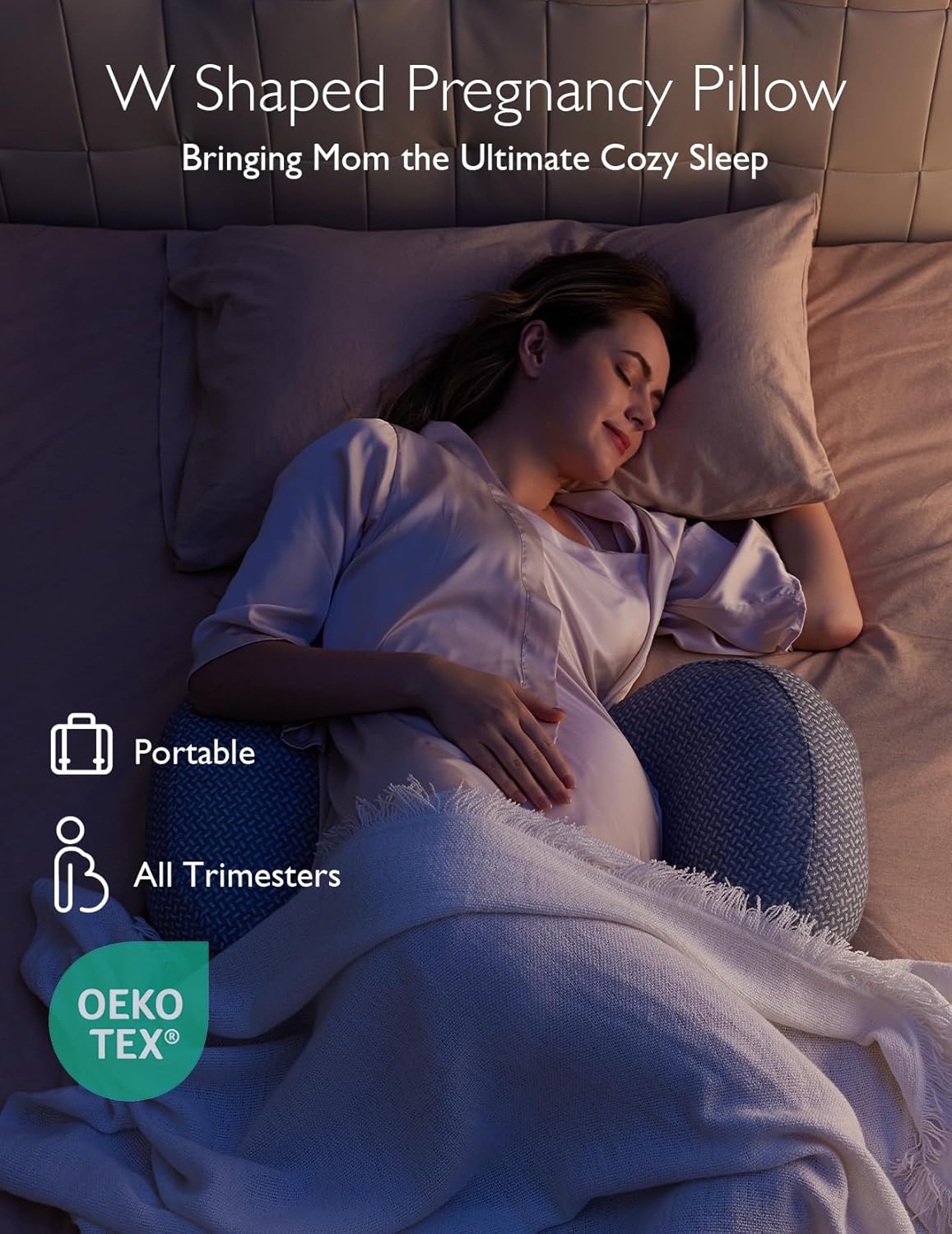 Momcozy Portable Pregnancy Pillow - W Shaped Maternity Support for Side Sleepers | Adjustable Travel Wedge for Back, Belly & Hip Relief - Deep Grey