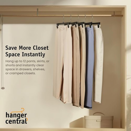 Hanger Central 12 Inch Slim Plastic Pants Hangers - Heavy Duty Non-Slip Clips for Skirts & Shorts | 12 Pack - Black
