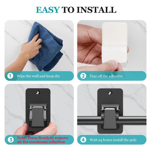 BMONATY Adhesive No Drill Curtain Rod Brackets - Heavy Duty 30LB Holders for Bathroom Bedroom Kitchen, Universal Damage-Free Window Rod Hooks with Nail-Free Installation (4PC Black)