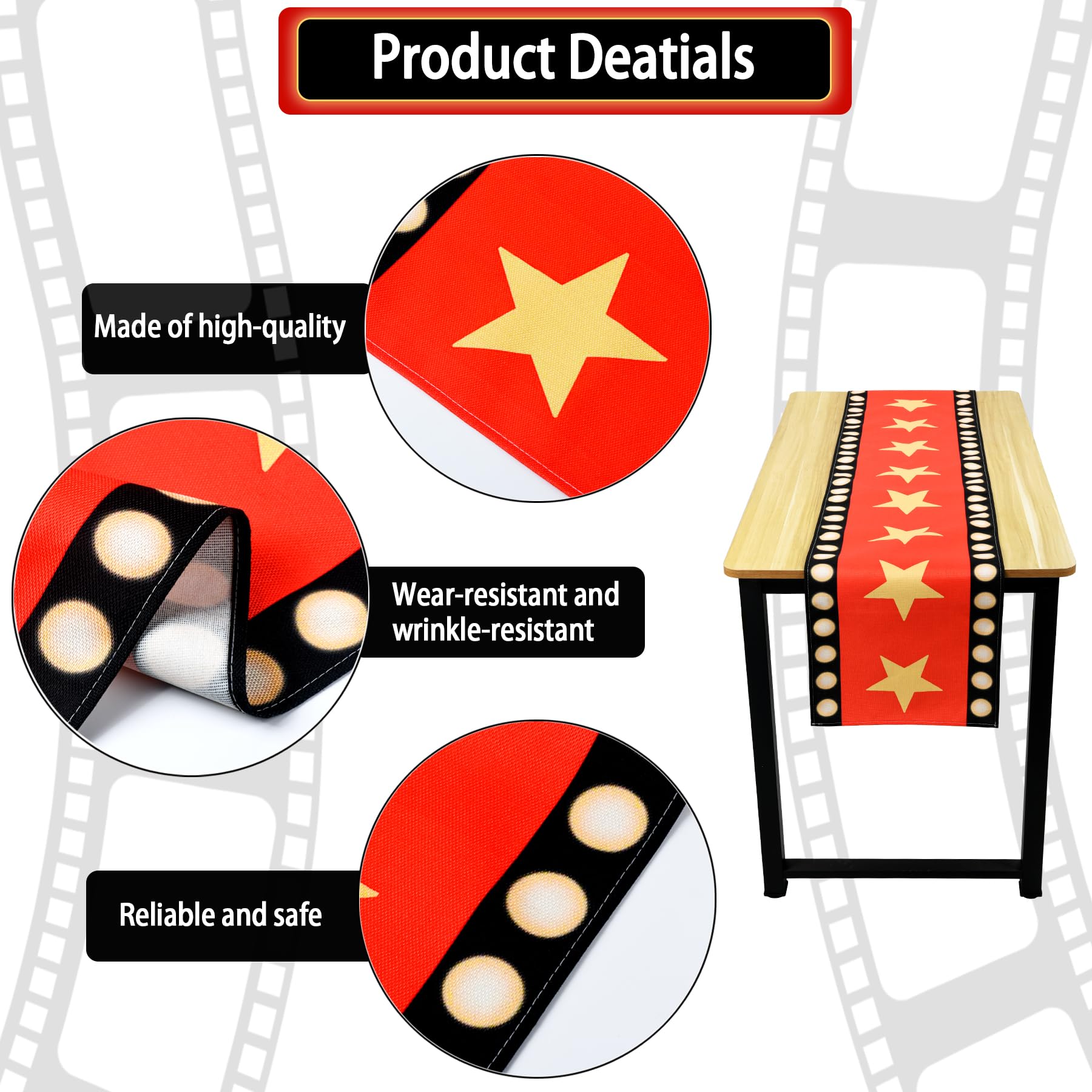 13 x 72 Inch Movie Night Table Runner with Gold Star Design - Red Carpet Decoration for Birthday Party Supplies（red）