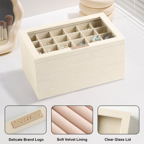 Frebeauty Stackable Jewelry Trays,Velvet Jewelry Organizer for Drawer,5-in-1 Jewelry Storage Box with Lid,Vanity Jewelry Display for Earrings Necklaces Rings,10.5 x 6.5 x 5.55 Inches,Gift for Women