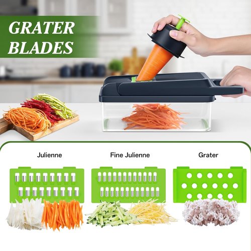HomeHacks Vegetable Chopper - 12-in-1 Multi-Functional Kitchen Gadget with Dicer, Slicer & Grater (Green)