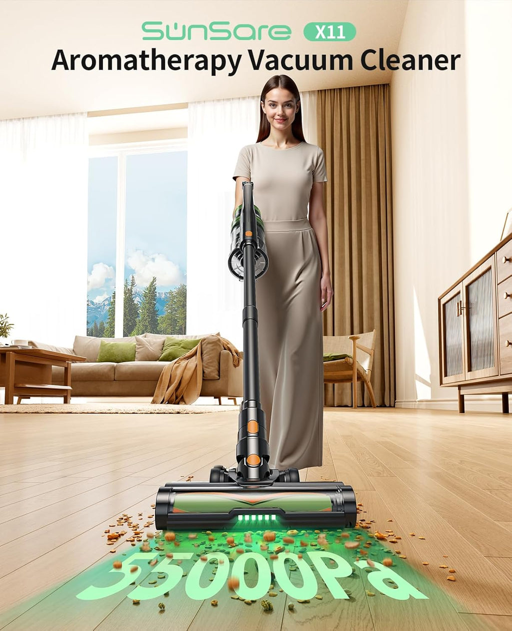 SunSare Cordless Vacuum Cleaner - 55KPa 650W Powerful Stick Vacuum for Home | 70 Minutes Runtime, Anti-Tangle Design