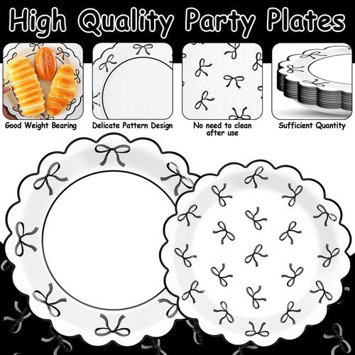 Bowknot Party Decorations | 96 Pcs Black & White Birthday Paper Plates & Napkins | Perfect for Bachelorette & Bridal Showers