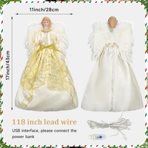 16 Inch Angel Tree Topper, Large Christmas Tree Topper Angel with Lights Decorations Battery-Powered Angel Ornaments for Christmas Tree with Feather Wings Xmas Tree Toppers Indoor Decorations-Gold