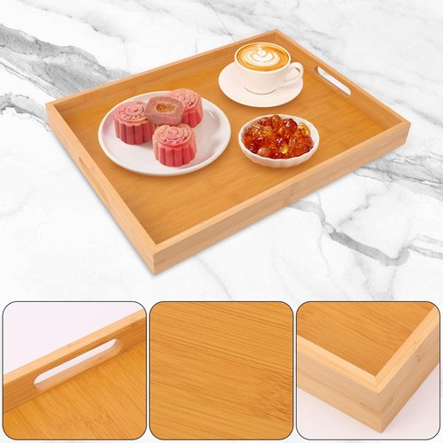 kukmakri 4 Pack Large Bamboo Serving Tray with Handles - 18 x 13 Inch Wooden Dinner Tray, Home Kitchen Decorative Tray, Breakfast Trays for Eating on Couch, Lap Trays, Coffee, Kitchen, Picnic