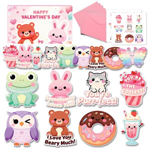 WENHUI 36 Pack Valentines Day Cards for Kids School – Adorable Die-Cut Animal & Food Classroom Valentines with Pink Envelopes & Stickers, 9 Cute Designs for Boys, Girls & Teachers
