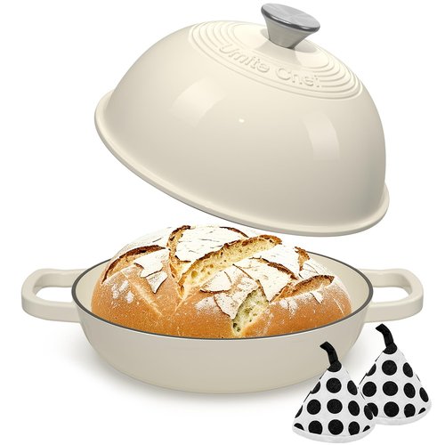 Enameled Round Cast Iron Bread Oven, 6 Qt Cast Iron Dutch Oven for Homemade Sourdough Bread Baking, Bread Pot with Dome Lid & Cotton Potholders (Cream White)