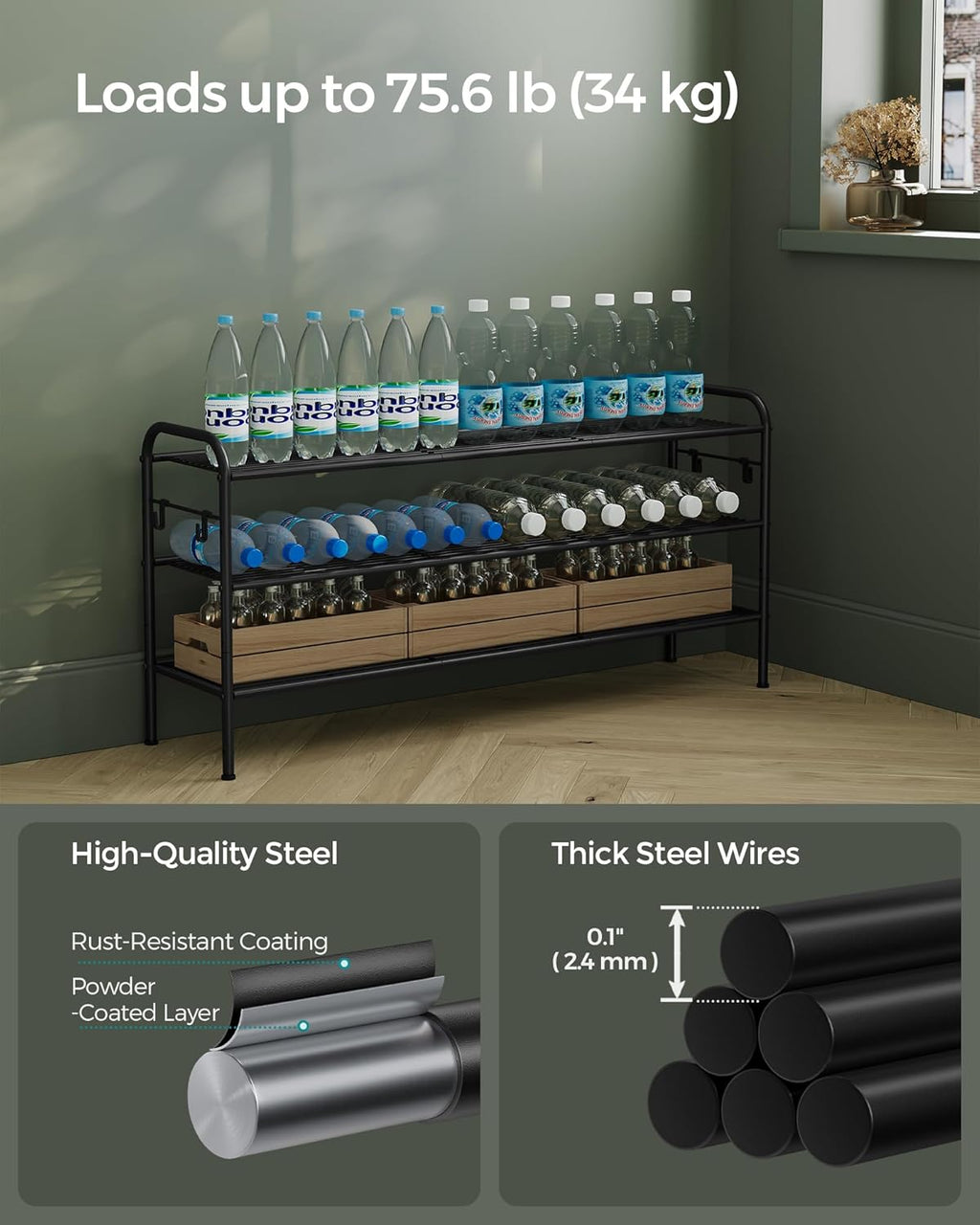 SONGMICS 3-Tier Shoe Rack - Height-Adjustable Metal Organizer with 4 Hooks | Holds 24 Pairs, Ink Black
