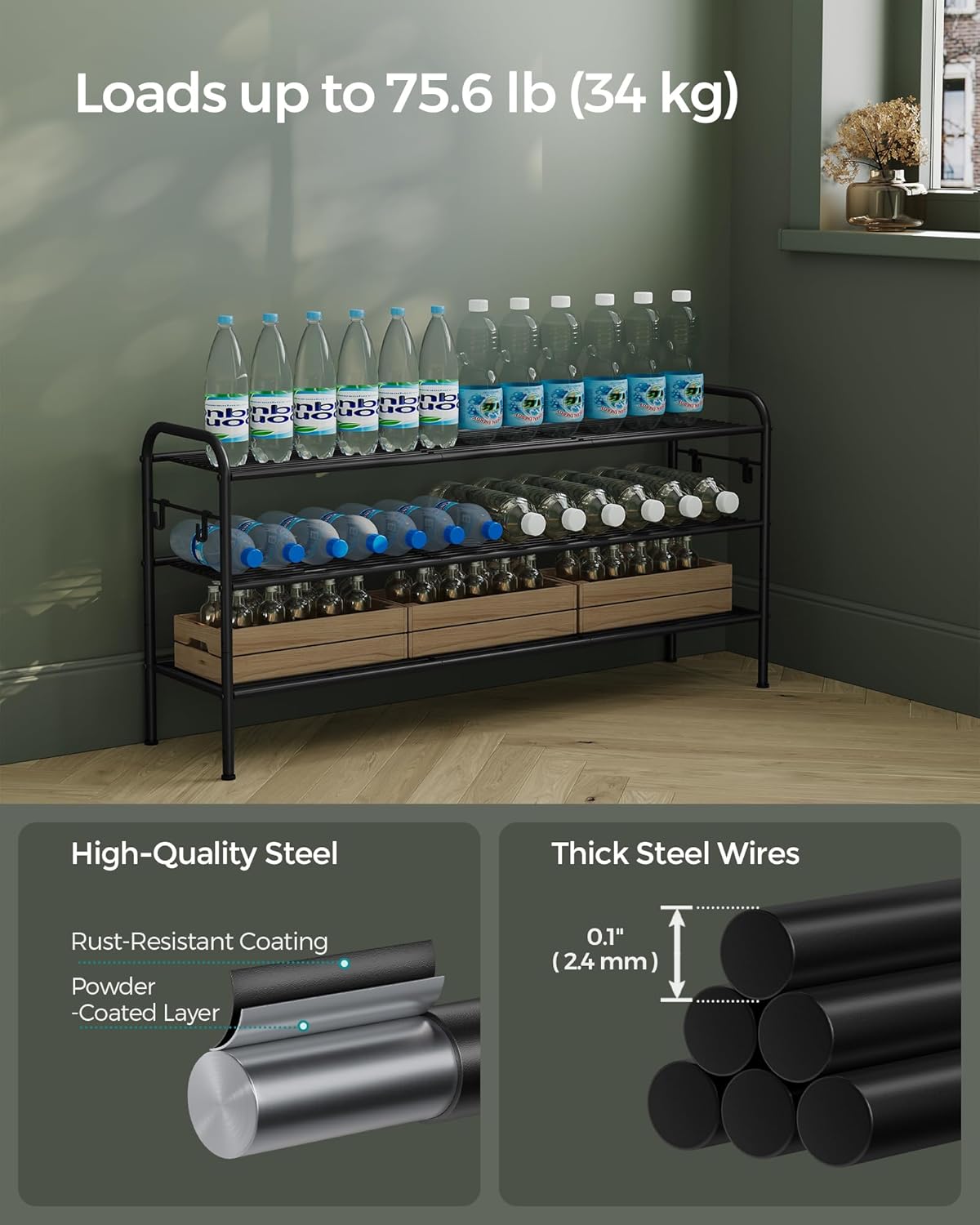 SONGMICS 3-Tier Shoe Rack - Height-Adjustable Metal Organizer with 4 Hooks | Holds 24 Pairs, Ink Black