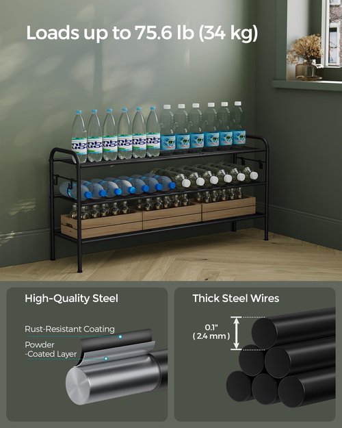 SONGMICS Shoe Rack, 3-Tier Shoe Organizer, Metal Shoe Shelf Storage with 4 Side Hooks, Holds 18 Pairs of Shoes, Height-Adjustable Shoe Rack for Entryway, Hallway, Closet, Ink Black ULMR131B01