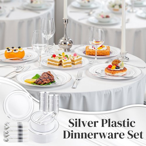 WDF Partyware 350Piece Silver Plastic Dinnerware Set for 50 Guests - Silver Plastic Plates with Cutlery Include:50Dinner Plates-50Dessert Plates-50Pre Rolled Napkins with Silverware Party Wedding