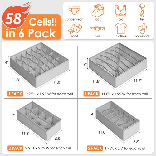 Criusia Sock Organizer - 6 Pack Foldable Drawer Dividers for Clothing, Baby Clothes, and Accessories | Grey