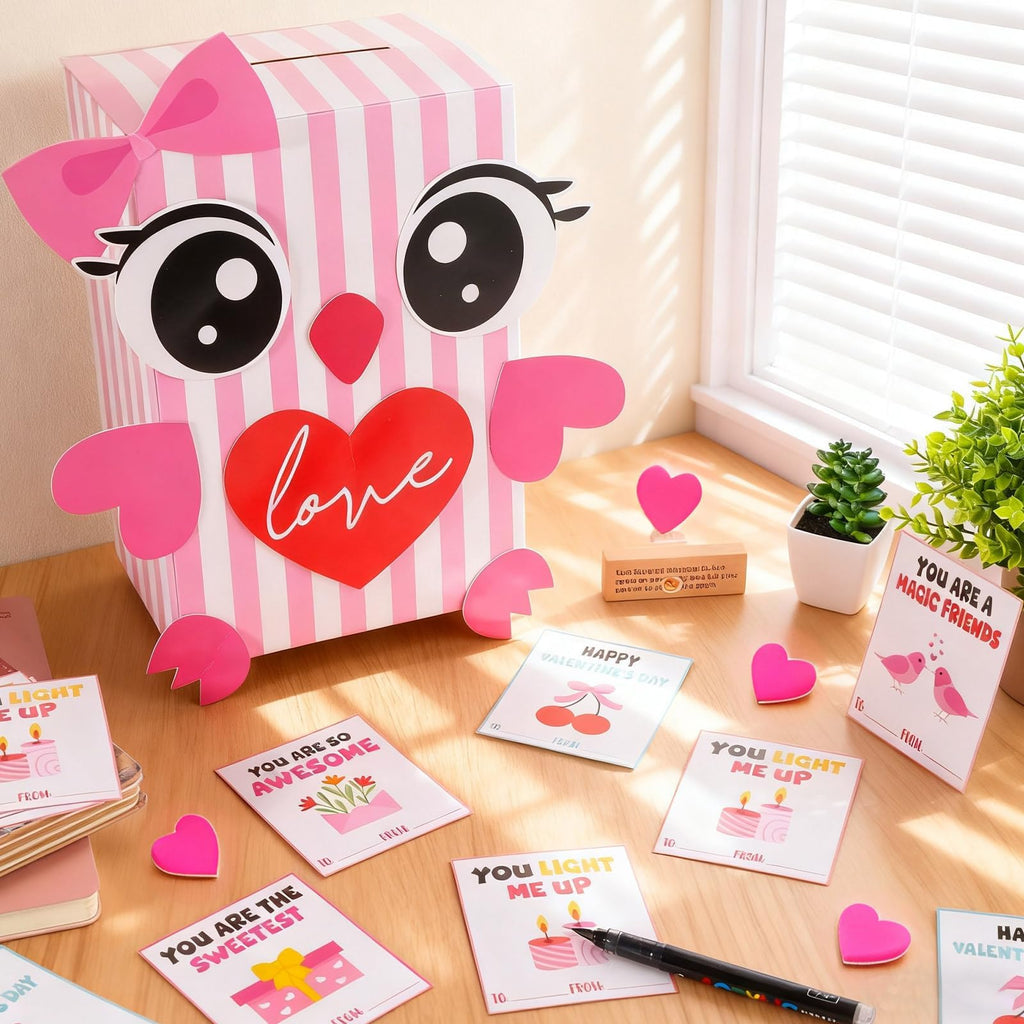 ojustbeok Large Valentine's Day Card Box for Kids with 50 Valentine Cards DIY Heart Owl Valentines Day Mailbox Cards Set for Girls Boys School Classroom Exchange Valentines Party Favors Supplies