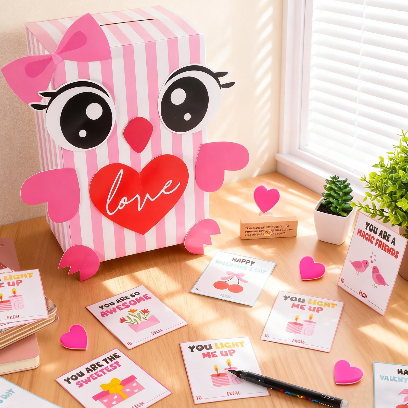 ojustbeok Large Valentine's Day Card Box for Kids with 50 Valentine Cards DIY Heart Owl Valentines Day Mailbox Cards Set for Girls Boys School Classroom Exchange Valentines Party Favors Supplies