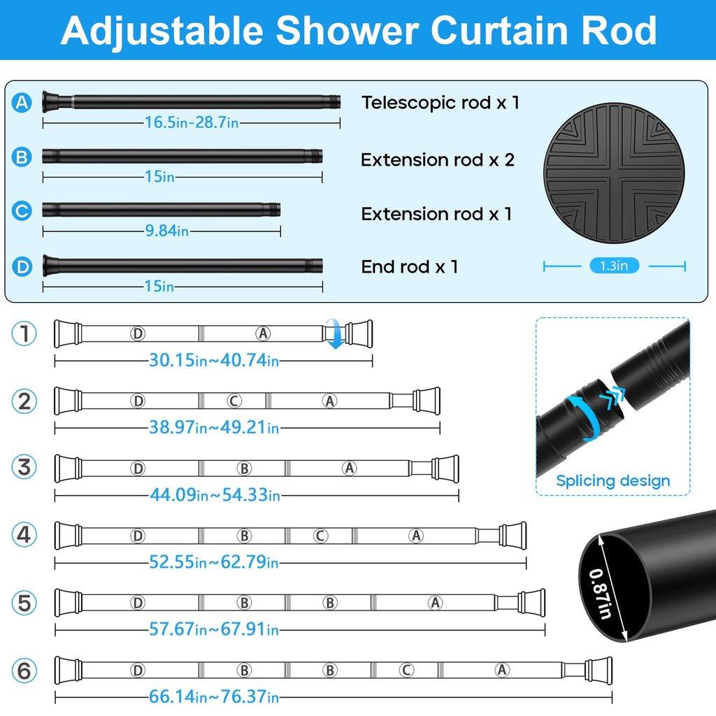 MEXAU 2 Pack Spring Tension Curtain Rods 31-76 Inch Black Shower Curtain Rod No Drilling Adjustable Spring Loaded Curtain Rods 7/8" Diameter Shower Rods for Window Bathroom Closet Doorway Door