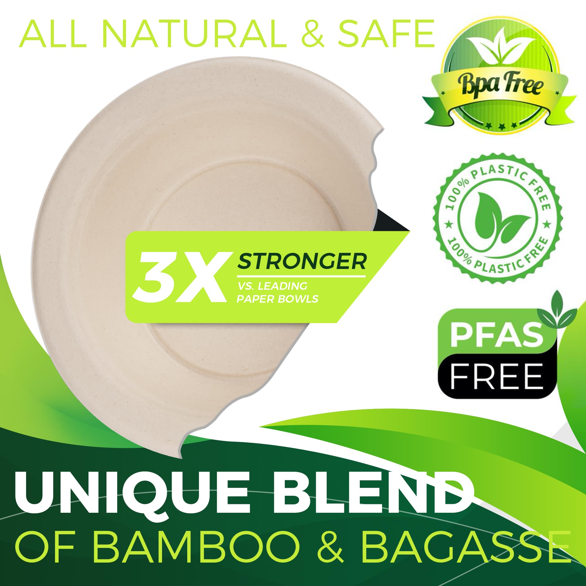 BIRCHIO Paper Bowls 16 oz [150-Pack], Heavy Duty Disposable Bowls Perfect for Hot Soup and Milk Cereals, 100% Compostable and Eco-Friendly Made from Bagasse