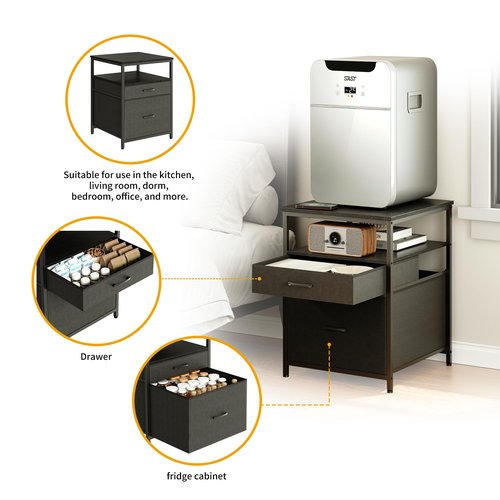 Herture Mini Fridge Stand with 3 Storage, Mini Fridge Cabinet, Beverage Fridge Table, Heavy Duty 21.3" L* 22.7" W Tabletop, for Dorm, Apartment,Office, Bedroom Black HB01BXB