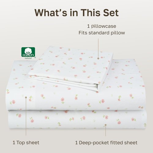 California Design Den Twin Size Bed Sheets Set - 100% Cotton, 400 Thread Count, Smooth Sateen Finish, Floral Design