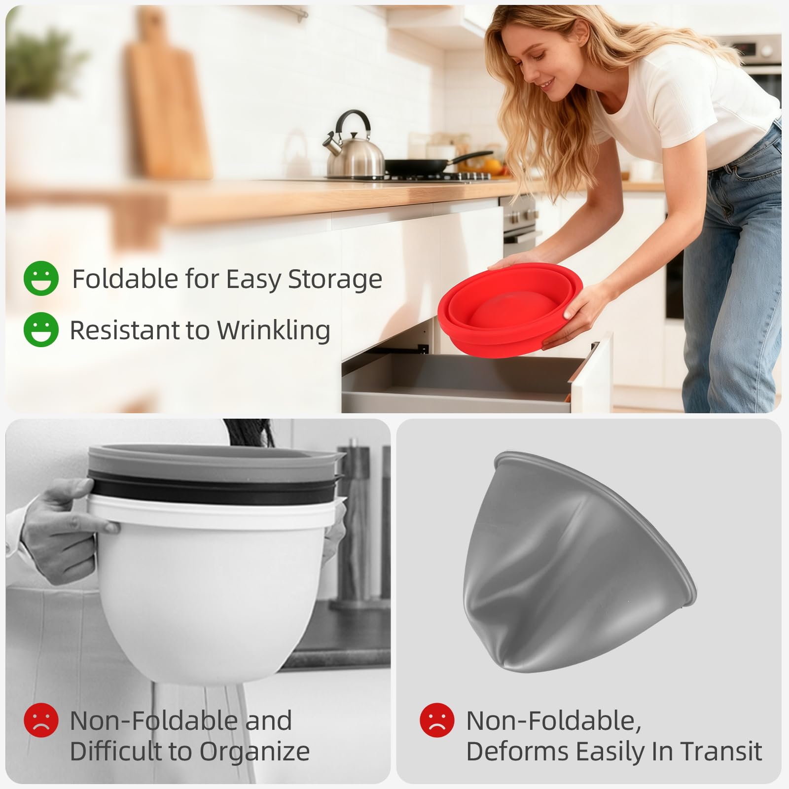 3 PCS Foldable Silicone Liners for Kitchenaid Tilt-Head 5 QT Mixer - Dishwasher-Safe Food-Grade Silicone Bowl Insert - Simple to Use Mixer Accessories for Effortless Baking Prep (Black+Off-White+Red)