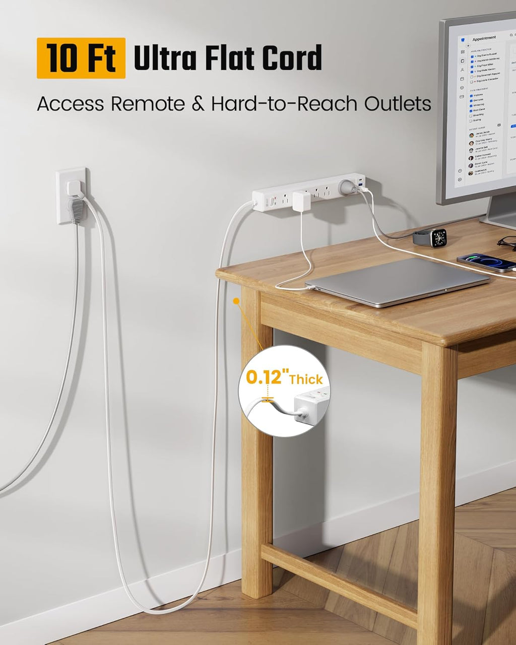 SUPERDANNY 10Ft Extension Cord - Flat Plug Surge Protector with 6 Outlets & 3 USB Ports for Home Office & Dorm Room Essentials