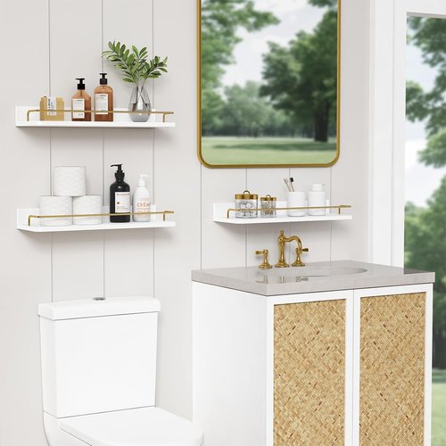 Forbena Gold Floating Shelves - Modern Wall Decor Set of 3 with Guard Rail - White and Gold