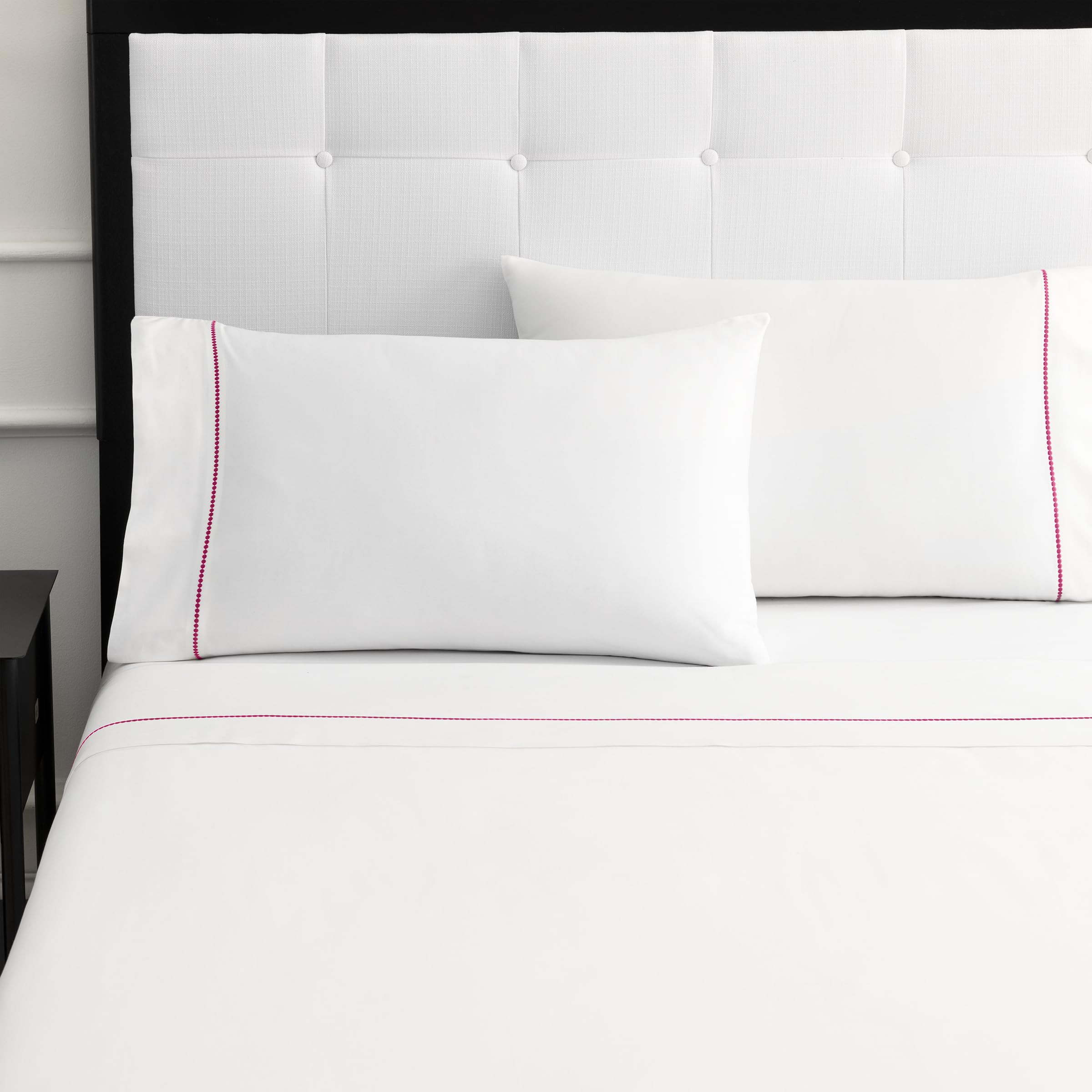 kate spade new york Dot Queen Sheet Set, 300 Thread Count and 100% Cotton, All Season 4 Piece Bedding Set, Machine Washable, White and Pink