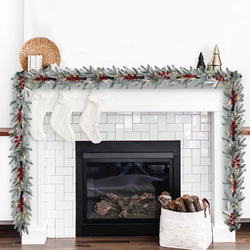 Bdor 6FT Pre-Lit Christmas Garland - Snow Flocked Pine with Red Berries & Pinecones | Battery Operated Holiday Decor for Mantel & Staircase
