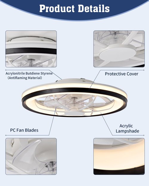 Kwinmyso 18.9" Modern Ceiling Fan with Light and Remote Control,Flush Mount Low Profile Dimmable Ceiling Fan,Stepless Dimming Light and 6 Speeds Fan-826 Black