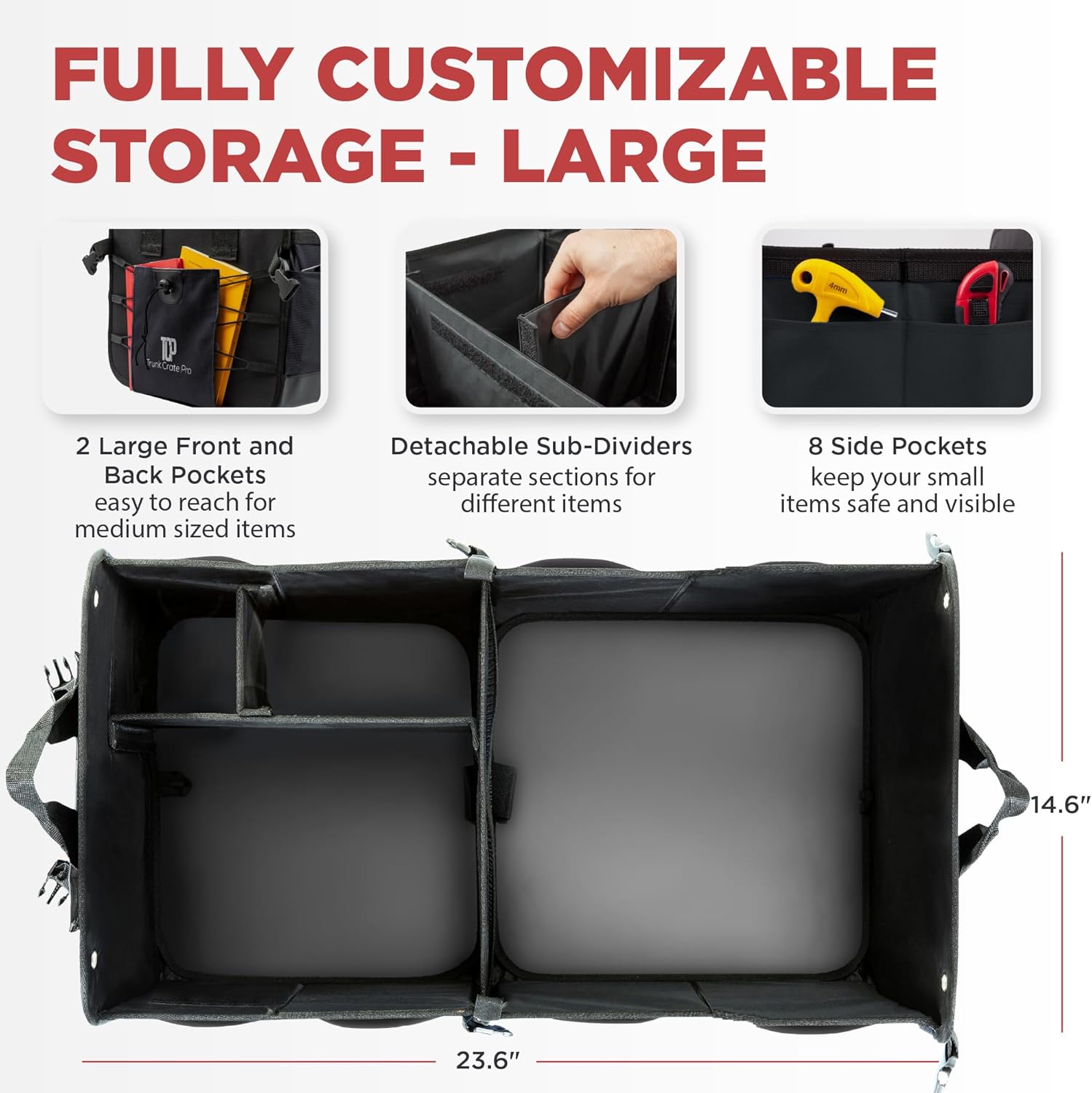 TRUNKCRATEPRO Car Trunk Organizer - Premium Adjustable Multi-Compartment Design | Large Black with Securing Straps & Non-Slip Bottom