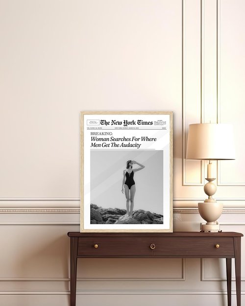 iHery Natural Oak Wood Framed Newspaper Wall Art - Retro Magazine Canvas Decor | 12x16in Funny Bathroom Artwork