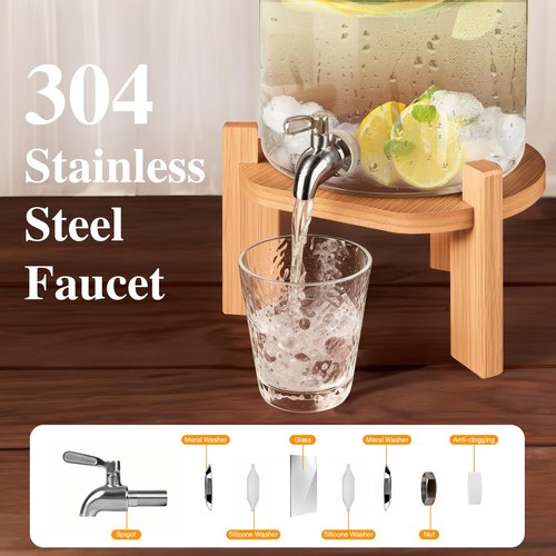 Beverage Dispenser 1.5 Gallon, Glass Drink Dispenser with Stand, Drink Dispensers for Parties, Beverage Dispenser with Wood Stand, Stainless Steel Spigot, for Parties,Bars,Restaurants (1.5 Glallons)