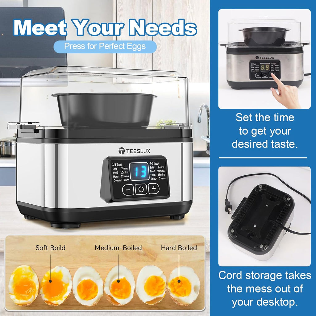 Tesslux Electric Egg Cooker - 6 Egg Capacity for Hard Boiled, Poached, Scrambled Eggs | Auto Shut Off, Silver