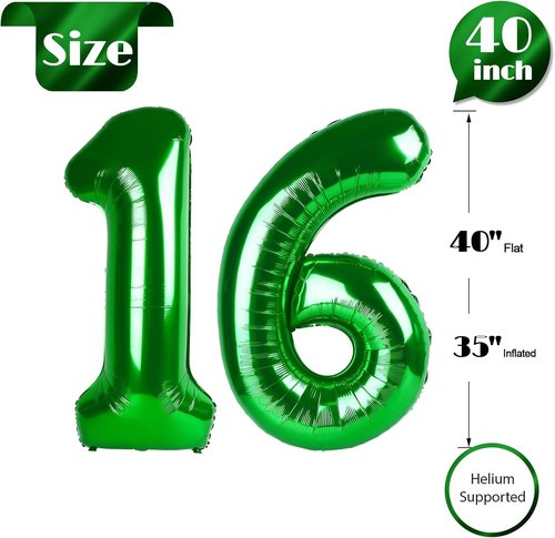 Green Number 16 Balloon - 40 Inch 16th Birthday Decoration for Men & Women | St. Patrick's Day Party Supplies