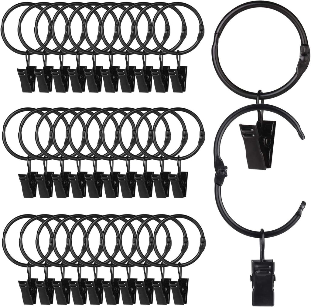 SPLF Metal Curtain Rings - Heavy Duty Rustproof Clips for Drapery | 36 Pack, 1.22 Inch Diameter, Black