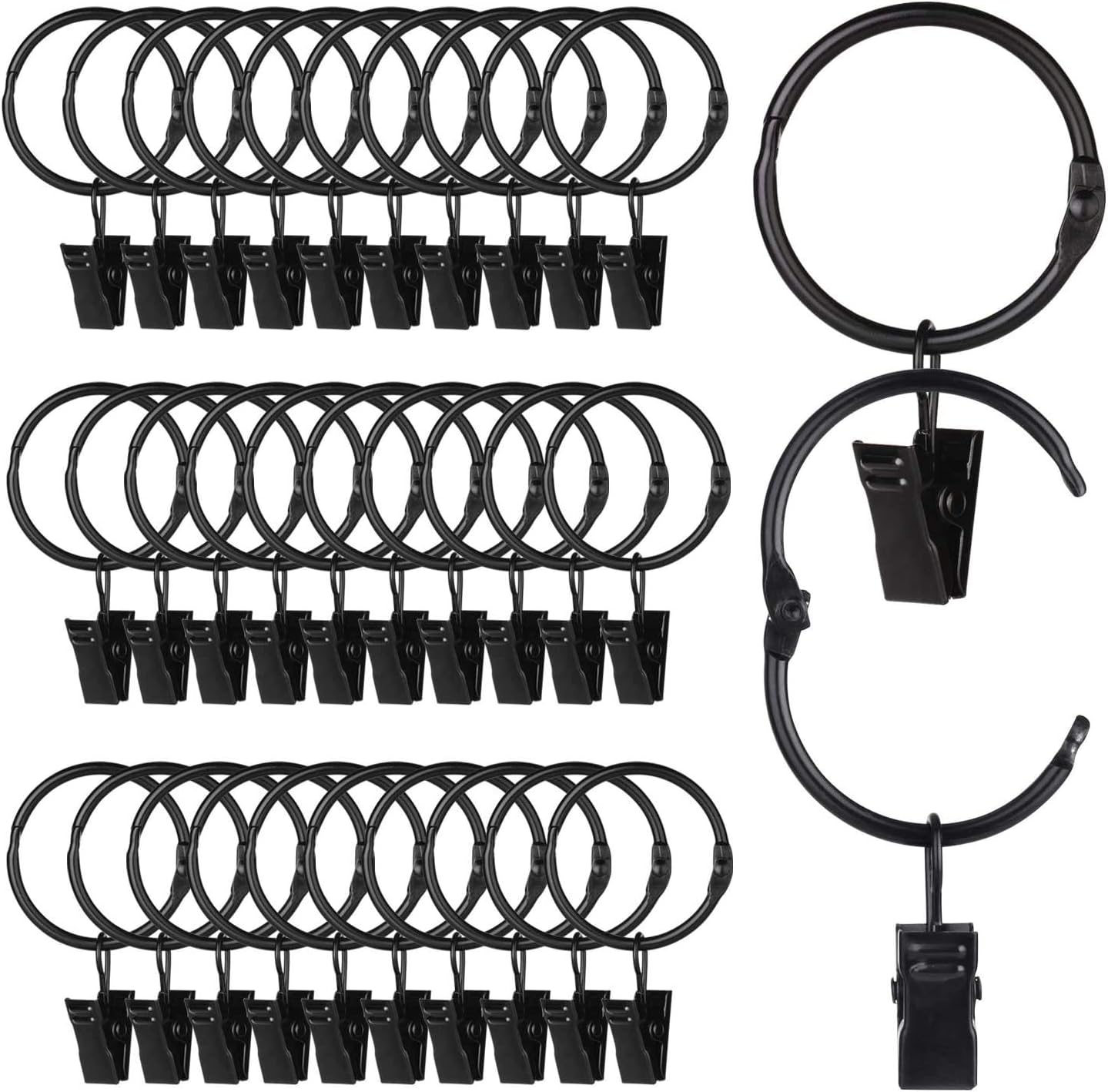 SPLF Metal Curtain Rings - Heavy Duty Rustproof Clips for Drapery | 36 Pack, 1.22 Inch Diameter, Black