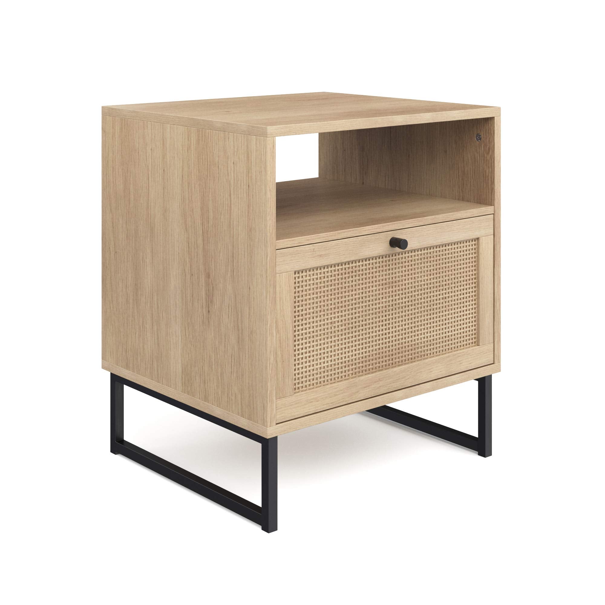 Nathan James Mina Rattan Wood End Side Accent Table Nightstand with Storage for Living Room or Bedroom, 1, Oak/Black