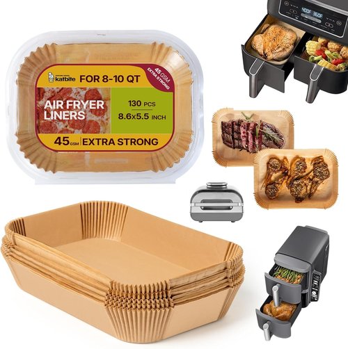 Katbite Air Fryer Liners - Disposable 130PCS Thick Parchment Paper for Dual Air Fryers | 8.6x5.5''