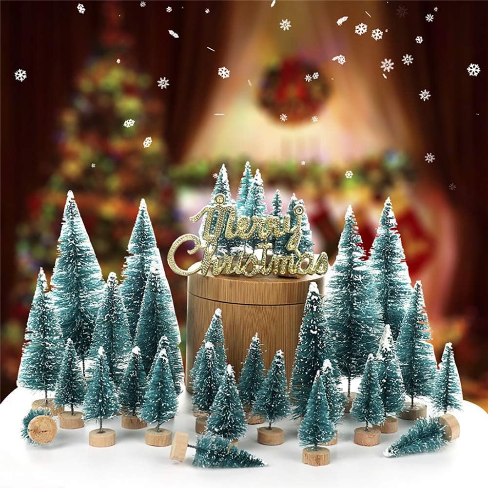 Skiennix Artificial Mini Sisal Christmas Trees - Snow Frosted with Wooden Bases | 20 Pcs in Blue-Green for Home Decor