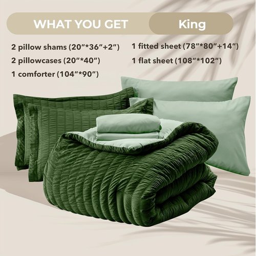 HYMOKEGE King Size Comforter Set - Dark Green & Sage Green Seersucker | 7-Piece All-Season Luxury Bedding Set