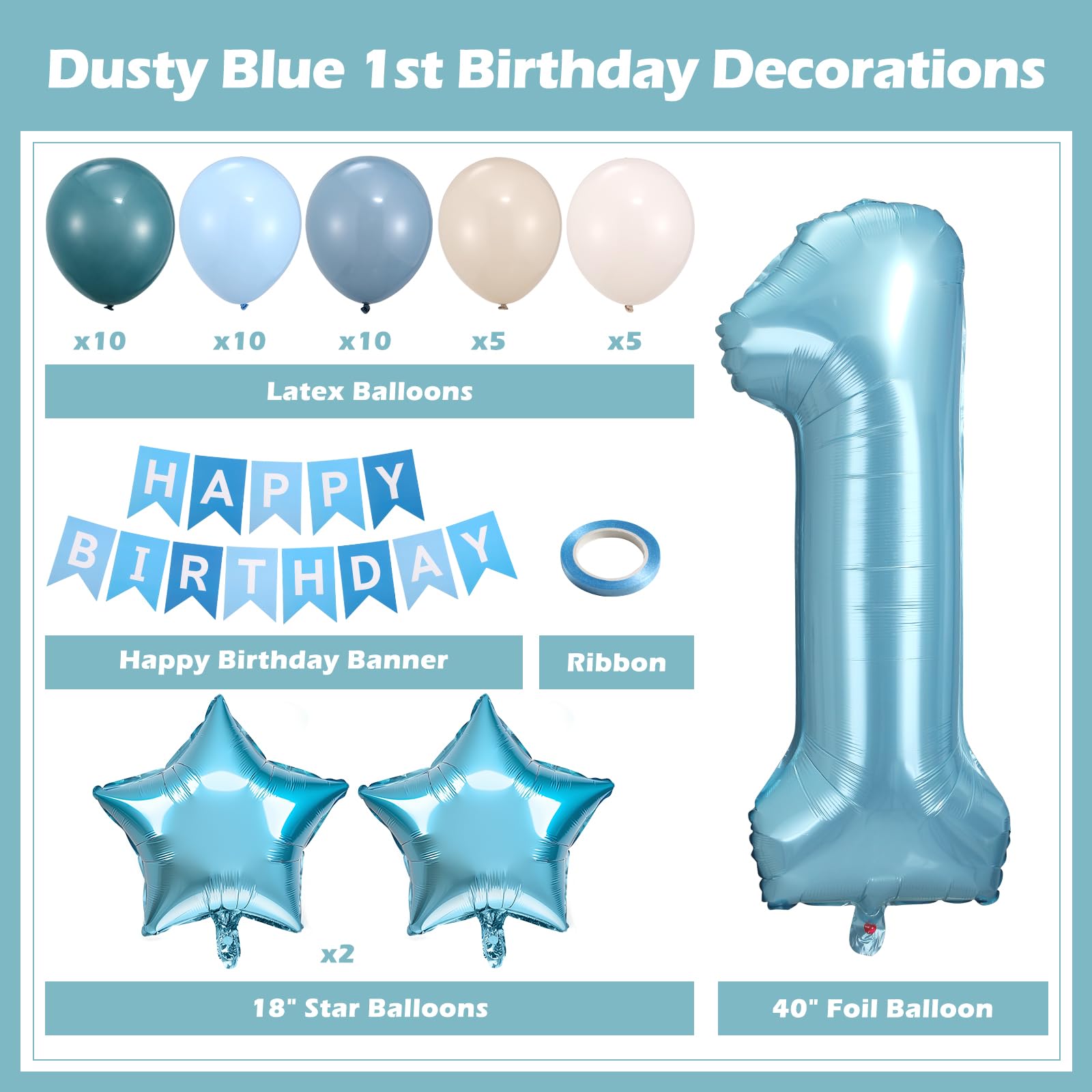 HEDUPT 1st Birthday Decorations Boy, First Birthday Decorations for Boy with Happy Birthday Banner, 40inch 1 Balloon Number, Dusty Blue Balloons, Baby One Year Old Birthday Party Decor